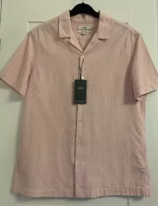 M&S Mens Cotton Cuban Collar Seersucker Holiday Striped Shirt Size XL Coral Pink - Picture 1 of 10