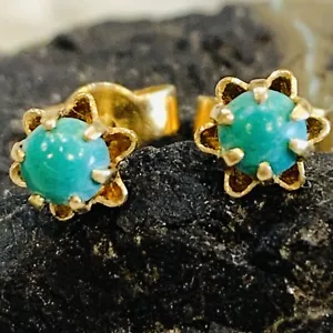 Orecchini Vintage Oro Giallo Massiccio 14K Turchese Borchia Buttercup 6 Punte .84g 6mm - Foto 1 di 7