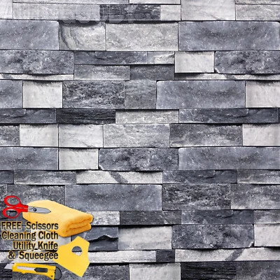 3ft x 30ft 3D Stone Rock Wallpaper Background Vinyl Film Sticker Gray 36" x 360" - Image 1 of 4