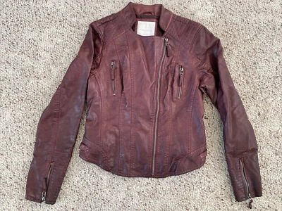 Maurices Faux Leather Maroon Biker Moro Jacket Women’s M Medium Zip Pockets Aged - Image 1 of 4