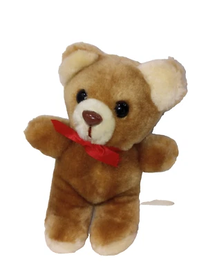 Vintage 5 1/2" Plush Stuffed Animal Shiney Fur Brown Bear Red Bow Made in Korea - Image 1 of 4