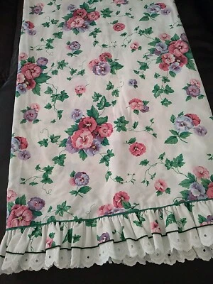 Vintage Waverly Pretty Pansies Ruffled Full Flat Sheet Multicolor Floral 80"x90" - Image 1 of 4