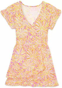 Women's Dress - Printed Floral Dress - Mini Dress - Large - Neon Yellow Orange - Picture 1 of 3