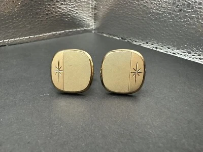 Vintage Swank Cufflinks Brushed Metal Engraved Star Gold Tone - Image 1 of 2