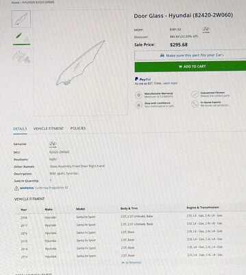 Hyundai Santa Fe Sport 2014-2018 Door Glass RH Front Passenger Side 82420-2W060 - Изображение 1 из 4