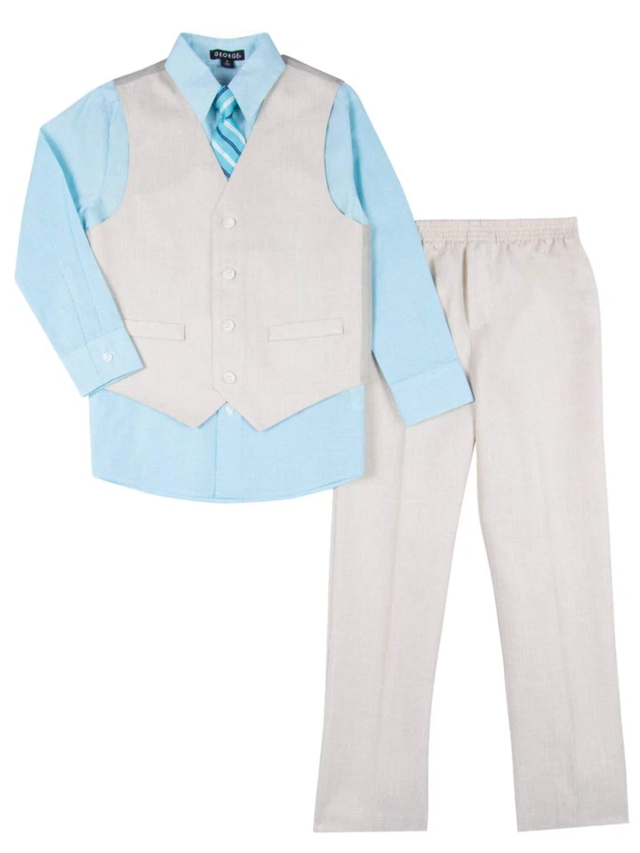 Boys 4 Piece Suit Tan & Blue Dress Up Outfit Holiday Shirt Tie Pants & Vest - Image 1 of 1
