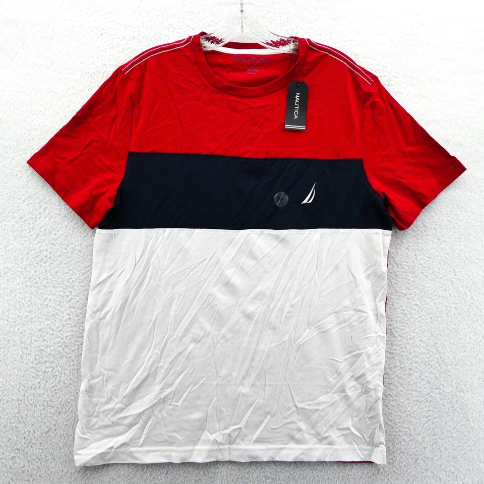 Camisa Nautica Para Hombres Mediana Roja Bloques de Color Manga Corta Algodón Camiseta Nueva Prenda para el torso Preppy Foto 1 de 4