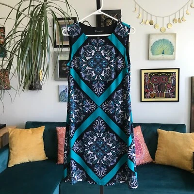 INC International Concepts size 8 Blue Teal & Black Paisley Stretch Sheath Dress - Image 1 of 4