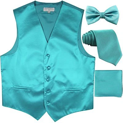 New men's vest waistcoat + bow tie + neck tie + hankie horizontal turquoise blue - Image 1 of 4