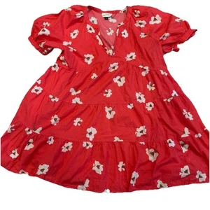 Universal Thread Floral Mini Dress/Womens Lg Floral Puff  Sleeve Tiered Coral - Picture 1 of 10