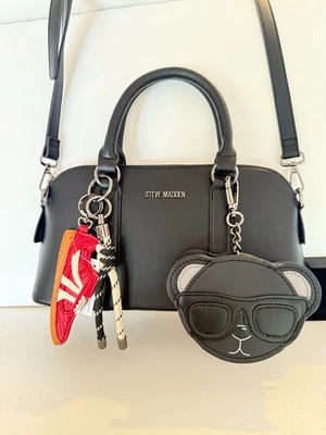 NWT STEVE MADDEN BTHORNE BLACK CROSSBODY SATCHEL BAG W MINI POUCH / CHARMS - Image 1 of 4