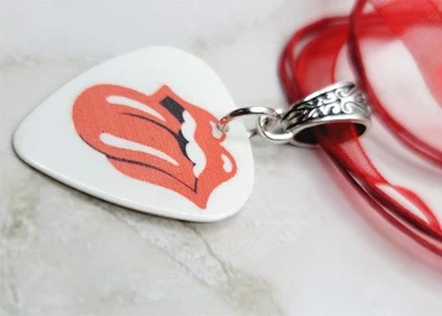 Rolling Stones Emblem Guitar Pick Necklace on Red Ribbon Cord - Image 1 of 2