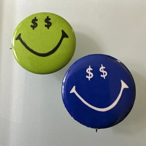 Two Vintage Blue Green $$ Smiley Face Pin Button Advertising Dollar Sign - Picture 1 of 10