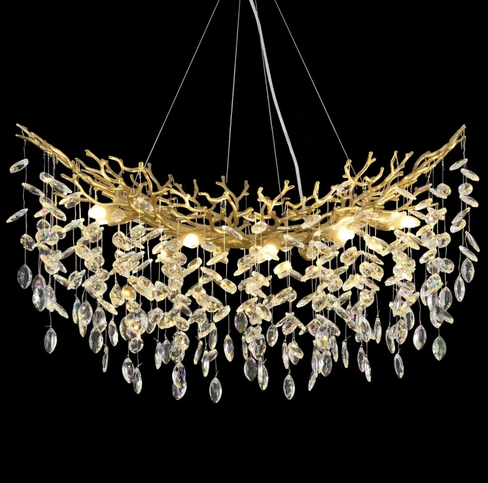 Lámpara de araña moderna de cristal dorado, araña rectangular de cristal de rama ovalada de 36" Foto 1 de 4