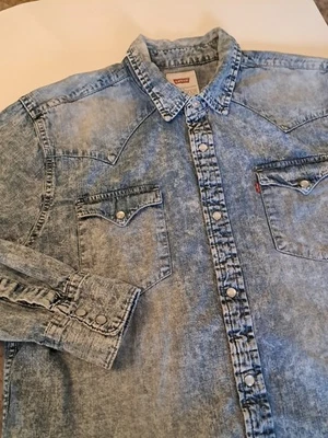 Levi's Denim Shirt Mens Sz L Pearl Snap Distressed Long Sleeve Blue 100 % Cotton - Image 1 of 4