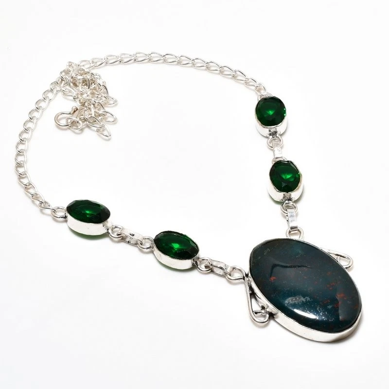 Collar Joyería Chapado en Plata 925 Piedras Preciosas de Diópsido Piedra de Sangre, 18" Foto 1 de 1