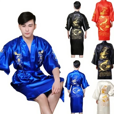 Abito Kimono Rosso-Nero Accappatoio Abbigliamento M-XXL Seta Uomo Cinese Accappatoio Stile Biue - Immagine 1 di 4