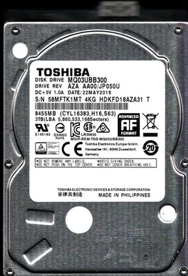 MQ03UBB300 HDKFD18AZA31 T REV: AZA AA00/JP050U 3TB MAY 2018 PHILIPPINES TOSHIBA - Image 1 of 3