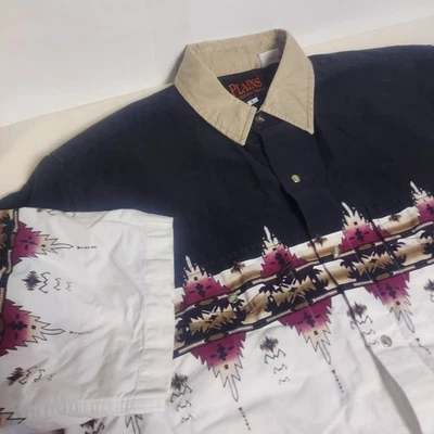 Camisa Western Wear L Negra Para Hombres Azteca Geométrica Manga Corta A Presión Foto 1 de 4