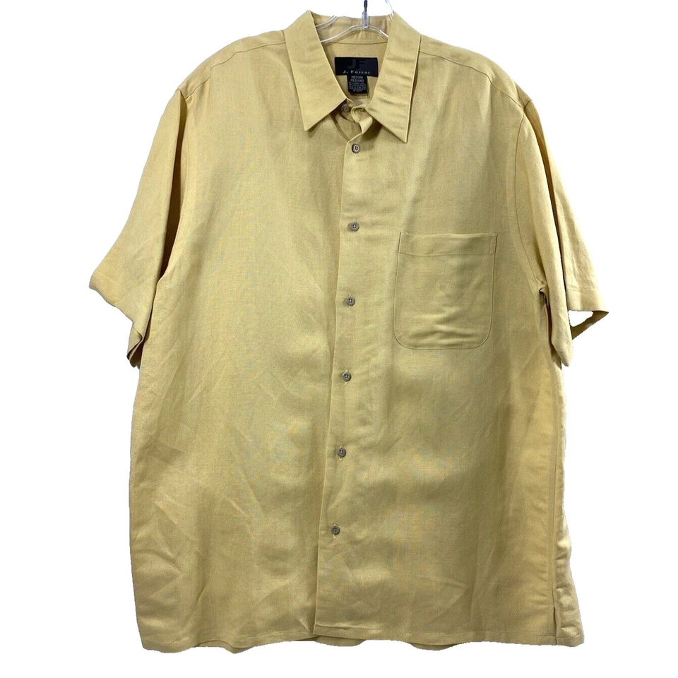 Vtg J Ferrar Shirt Men Medium Butter Yellow Linen Blend Rockabilly Hong Kong NOS - Image 1 of 4