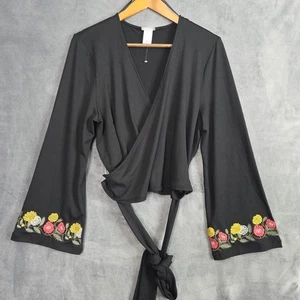 NWOT Target Latino Heritage Women’s XL Black Belted Wrap Top Bell Sleeves RN1773 - Picture 1 of 12