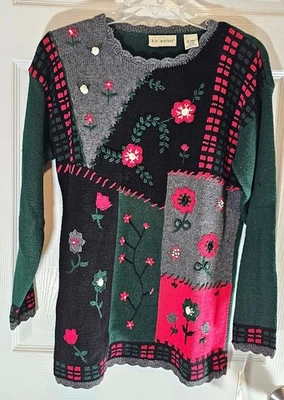 Nuevo con etiquetas Suéter Floral Vintage Años 90 Bordado KC Parker Mujer 14 16 Patchwork Y2K Foto 1 de 4