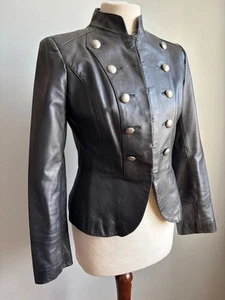 NEXT LEATHER MILITARY JACKET 14 12 black silver buttons cavalry steampunk real - Picture 1 of 15