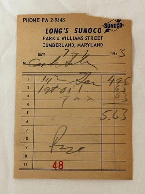 Long's Sunoco, Cumberland, Maryland Sales Ticket (1963) - Image 1 of 3