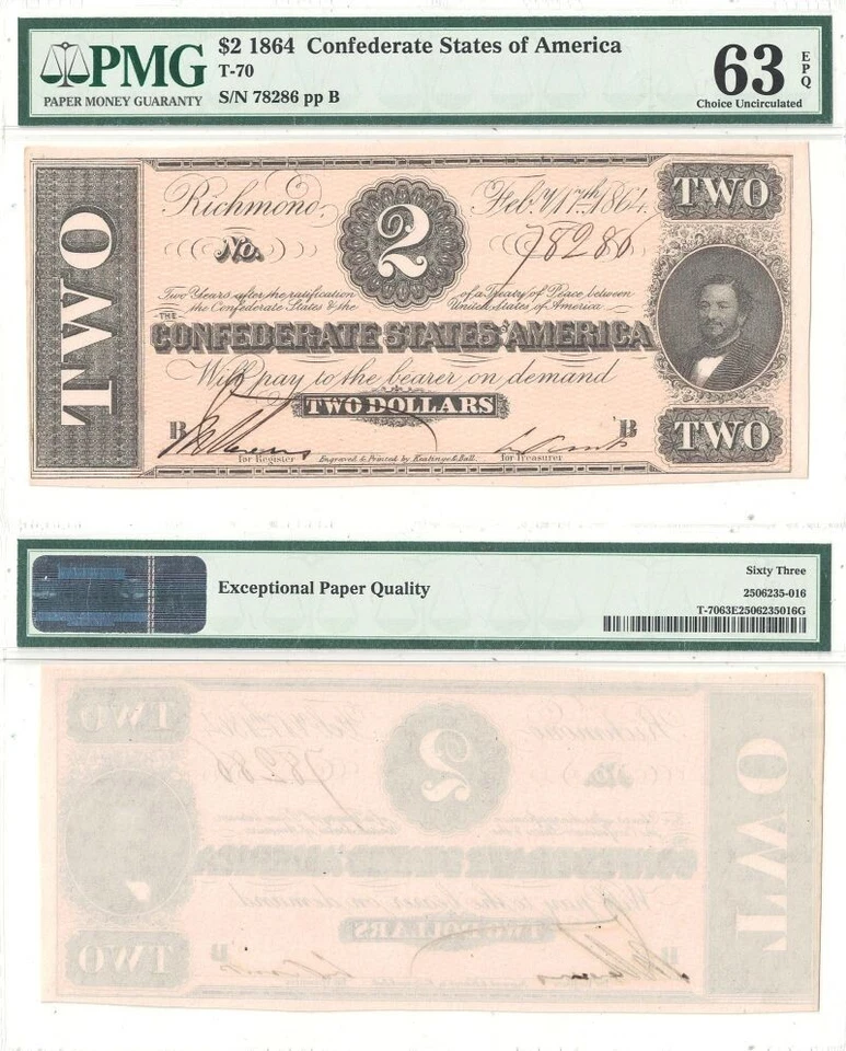 Billete confederado de $2 de 1864 T-70 PMG elección CU-63 EPQ Foto 1 de 1