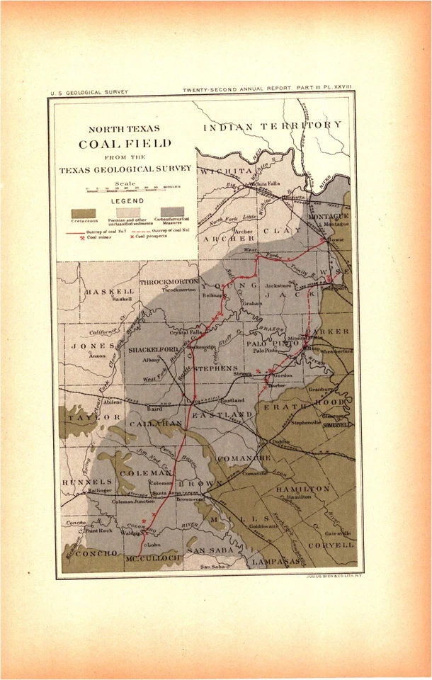 North Texas Coal Field-USGS Lithograph Map of Counties-Carboniferous Zones 1902 - Image 1 of 1