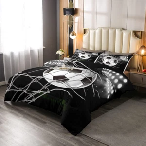 Football Print Bedding Set Boys Black White Soccer Ball Comforter Set for Kids C - Picture 1 of 4