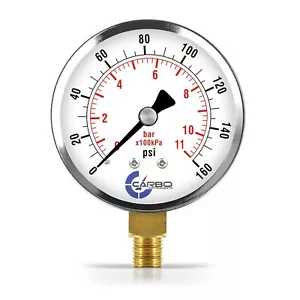 2-1/2" Pressure Gauge - Chrome Plated Steel Case, 1/4"NPT, Lower Mnt. 160 PSI - Picture 1 of 6