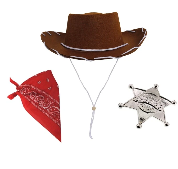 CHILDS WOODY COWBOY HAT WILD WEST RED BANDANA SHERIFF BADGE BOOK DAY FANCY DRESS - Image 1 of 1