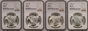 Lot 4- Mix Date Peace Dollar $1 MS 64 NGC 1922 1923 1924 1925 (4 Coins) - Picture 1 of 2