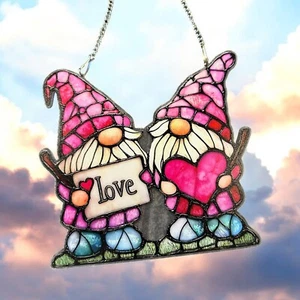 Gnome Stained Glass Love Gnomes Valentines Window Hanging Sun Catcher Dwarf New - Picture 1 of 11