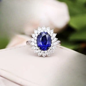 3.60 Ct Oval Cut Real Sapphire & Diamond Engagement Ring 14K Solid White Gold A - Picture 1 of 11
