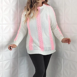 Suéter Vintage Tejido a Mano Blanco Rosa Acrílico Cable Tejido Rayas Túnica Larga L-XL - Imagen 1 de 11
