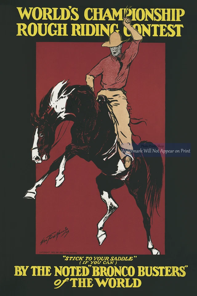 World Champion Rough Riding, Horse, Bucking Bronco, Vintage Wall Art Poster - Image 1 of 4
