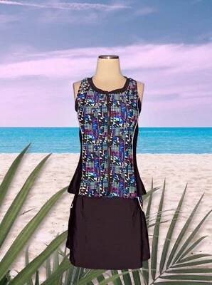 RITCHIE GLENS 2 Piece Swimsuit Skirt Tankini Black Pink Green GEOMETRIC Sz Large - Image 1 of 4
