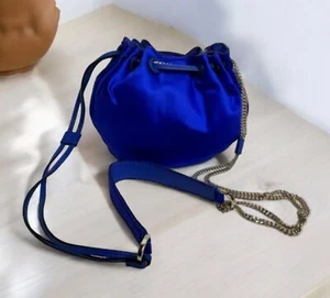 Diane Von Furstenberg Lapis Blue Satin Drawstring Handbag Purse Gold Tone Chain - Picture 1 of 19