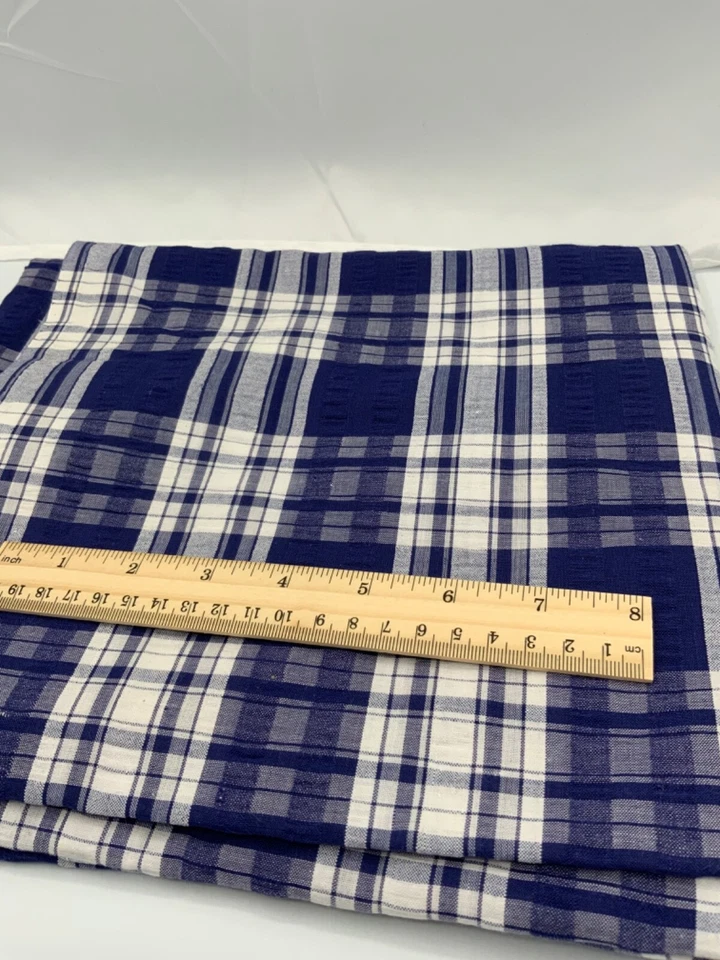 Винтажная сине-белая хлопчатобумажная ткань Seersucker в клетку — 1 ярд x 46 дюймов - Изображение 1 из 1