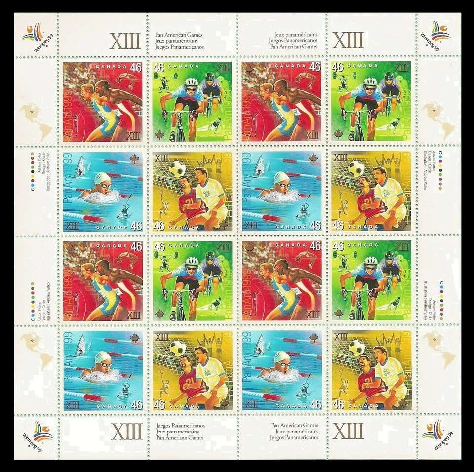 Canada Stamps - Full Pane of 16 - 1999, Sport, Pan American Games #1801-1804 MNH - Image 1 of 1