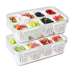 2 Pack Clear Divided Veggie Tray with Lid Stackable 8 compartment(2 Pack) - Picture 1 of 7