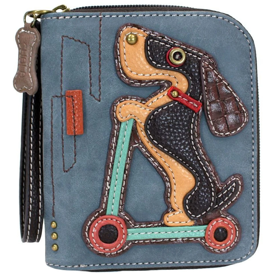 CHALA BLUE WEINER DACHSHUND DOG SCOOTER ZIPPERED WALLET FAUX LEATHER