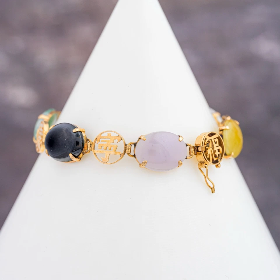 Brazalete chino vintage de ónix y piedras preciosas de oro amarillo de 14 quilates 7" 13,93 g - BR7 Foto 1 de 4