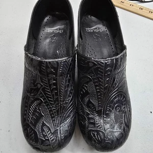 Dansko Professional Clogs Shoes Womens 38 Black Floral Tooled Leather - Picture 1 of 15