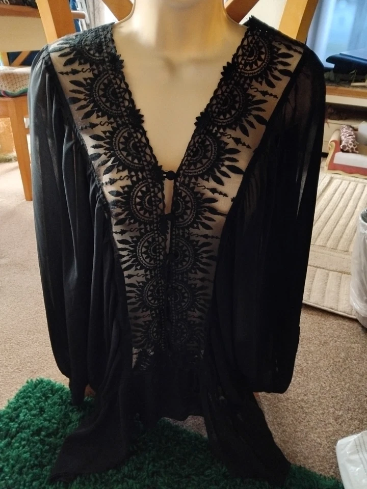 Size 20 M&Co Black Sheer & Lace Blouse Batwing Sleeves - Image 1 of 2