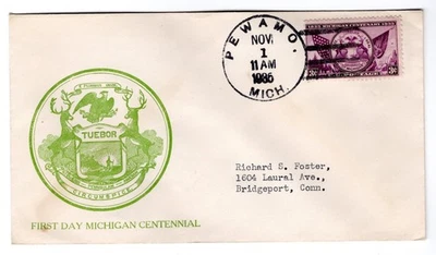 #775 Michigan Centenary 1935 FDC  1st Grand Rapids Stamp Club u/o Pewamo MI CCL - Image 1 of 2