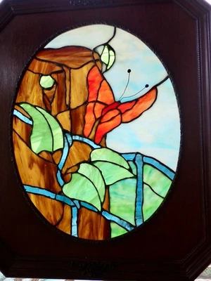 Stained Glass Window Large Solid Wooden Frame Monarch Butterfly Leaded 17" x 25" - Image 1 of 4