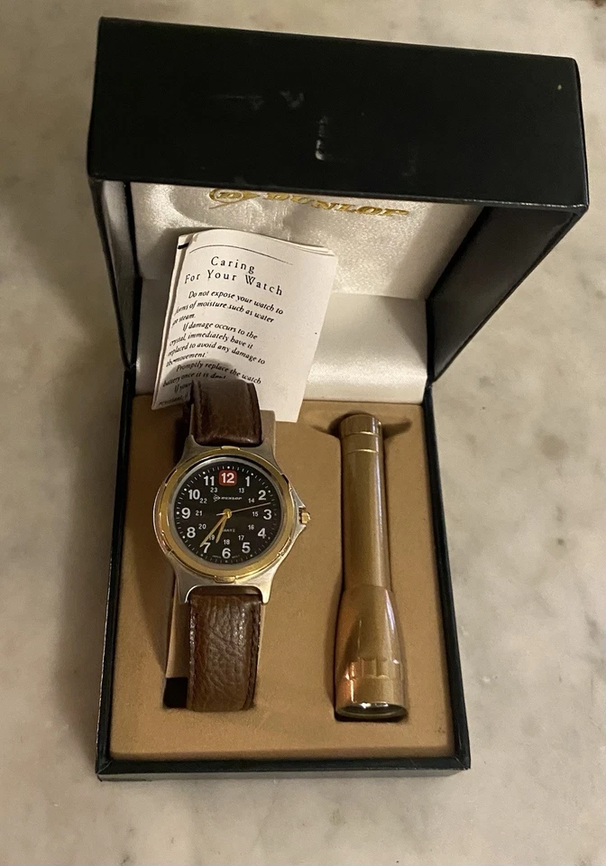 Rare Dunlop men's analog watch with a brown leather strap, with flash light - image 1 of 4